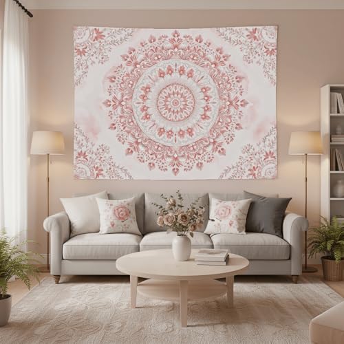 Accnicc Pink Floral Mandala Tapestry Wall Hanging Boho Medallion Tapestry Aesthetic Watercolor Flower Cute Large Tapestries for Bedroom Living Room Dorm Decor 80 x 60 Inch - color: Light Pink, size: 80"L x 60"W