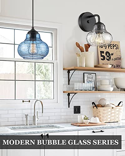 ELYONA 8 Inch Pendant Light for Kitchen Island Modern Blue Hand Blown Bubble Glass Pendant Lighting Hanging Light fixtures for Dining Room Bar Bedroom Living Room - color: Blue