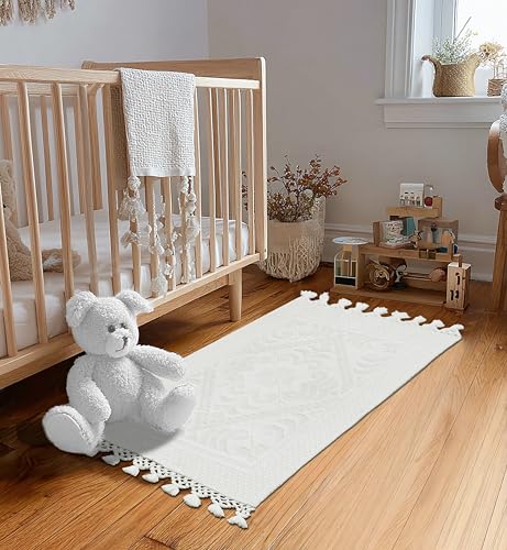 COTTON CRAFT Woven Area Rug - 2 Pack Cotton Jacquard Textured Rug - Boho Farmhouse Rustic Throw Rug with Fringe - Machine Washable Accent Mat for Bedroom Living Room Entryway Nursery - 20x32 - White - color: White - 2 Pack, size: 1'8" x 2'8" (Rectangular)