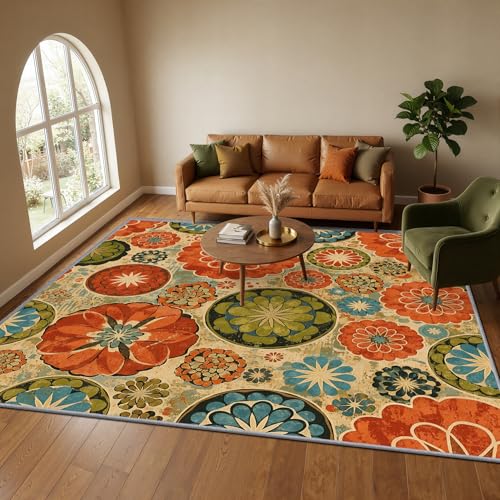 Boho Floral Rugs for Bedroom - Vintage Medallion Floral Rug, 2x3 ft Washable Non-Slip Burnt Orange and Sage Green Area Rug, Rustic Mandala Carpet for Entryway, Retro Bohemian Home Decor & Gifts - color: Burnt Orange Sage Green, size: 2' x 3' (Rectangular)