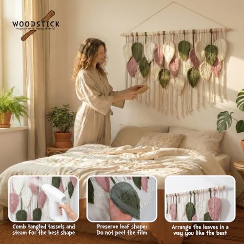 WOODSTICK Large Macrame Wall Hanging 39"W x 29.5"L - Boho Wall Decor in Beige, Old Pink & Green - Chic Woven Leaf Leaves Boho Tapestry, Handmade Cotton Fiber Art, Macrame Wall Décor, Bedroom Tapestry - size: 39"L x 29.5"W
