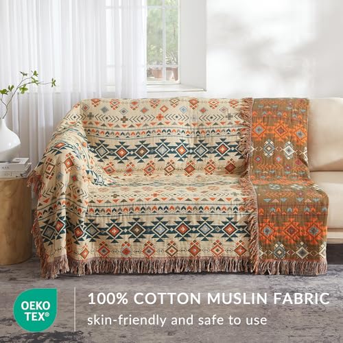 Bailix Boho Throw Blanket for Couch Sofa Bed, 100% Cotton Woven Quilt with Tassel 50”x60”, Super Soft Muslin Blanket with Patchwork Printed, Decorative Reversible Bed Blanket/Cover for All Seasons - color: H - Diamond, size: Throw-50" X 60"