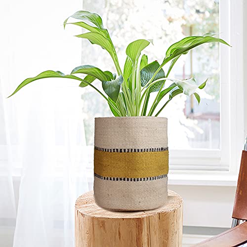 Sturdy Jute Planter - Modern Woven Basket for 8" Pot Indoor Planters, 10" x 10" Storage Organizer, Rustic Home Decor, Earth-Friendly Planter (10x10 Inches, Bleach, Yellow Stripe) - color: Bleach,yellow Stripe, size: 10x10 inches