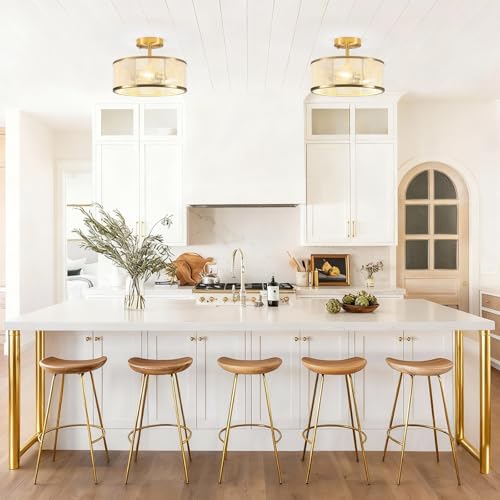 Modern Semi Flush Mount Ceiling Light, 3 Light Gold Ceiling Light with Rope Shade, Drum Light Fixture for Kitchen Bedroom Dining Room Hallway Entryway - color: Gold