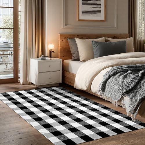 joybest Buffalo Plaid Rug 4 x 6 ft Black and White Checkered Area Rug Cotton Hand-Woven Indoor Outdoor Rugs Carpet for Patio, Living Room, Dining Room, Bedroom - size: 4' x 6' (Rectangular)