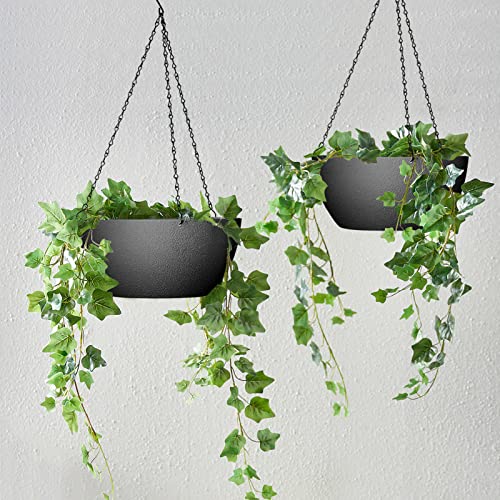 WOUSIWER 13 inch 2Pack Large Hanging Planters for Outdoor Indoor Plants with Drainage Holes and Chain, Round Hanging Flower Pots for Garden Home Porch Decor, Black - color: Black