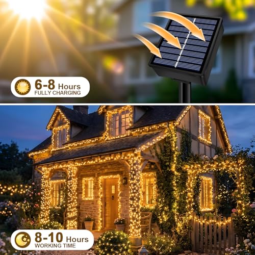 Solar String Lights 2 Pack Total 66FT 200LED Solar Fairy Lights Outdoor Waterproof 8 Lighting Modes Twinkle Lights for Patio, Garden Yard Party Wedding Tree Christmas Halloween Decoration, Warm White - color: Warm White