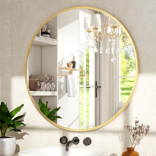 XRAMFY 24 Inch Round Mirror - Circle Mirrors for Bathroom, Entryway and Living Room Wall Decor, Modern Hanging Vanity Mirror, Matte Gold Circle Decorative Wall Mirror - color: Round-gold, size: 24"L x 24"W