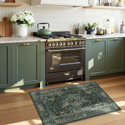 2x3 Floral Washable Area Rug for Entryway, Vintage Boho Rugs for Living Room Bedroom Dining Room, Botanical Birds Non Slip Low Pile Forest Animal Throw Carpet for Farmhouse Office, Retro Green/Blue - color: Dark Green (Larger Pattern), size: 2' x 3' (Rect