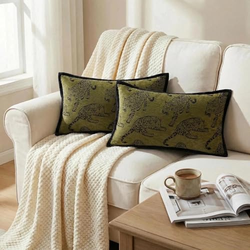 Mantle & Mason Leopard Lumbar Throw Pillow Covers 12x20 Set of 2 Cheetah Decorative Pillow Covers for Couch Bed Living Room Mid Century Modern Soft Cushion Covers Dark Green - color: Leopard Green, size: 20" x 12" (Pack of 2)