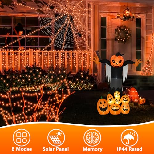 QITONG Orange Solar Fairy Lights, 2 Pack Each 66ft 200 LED String Lights Outdoor with 8 Modes, Silver Wire Solar Halloween Lights for Fall Thanksgiving Decor - color: Orange