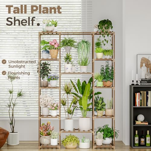 Bamworld 62.2'' Tall Plant Stand Indoor Large Plant Shelf for Multiple Plants Wood Flower Stand Outdoor Hanging Plant Rack for Living Room Garden Balcony Home Decor - color: Brown-12 Pots, style: Cabinet