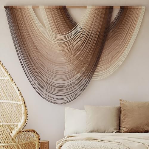 Macrame Wall Hanging Dip-Dye Boho Home Decor Fiber Wall Art Craftsmanship Bedroom Livingroom 57" W x 39" L - color: Ivory Brown