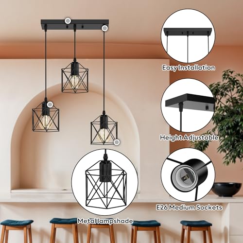 3 Light Pendant Lighting, Farmhouse Hanging Light Fixture for Kitchen Island & Dining Room, Industrial Vintage Ceiling Lamp with E26 Base, Adjustable Height, Matte Black - color: Long Base Metal Pendant - 3-Light (Black)
