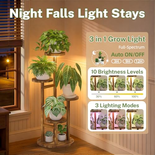 iDavosic.ly 4 Tier Plant Stand Indoor with Grow Light, Tiered Corner Wood Multiple Flower Holder Shelf, Tall Orchid Display Rack for Living Room Bedroom, Brown - color: Pine Brown with Light, size: 4 Tiers