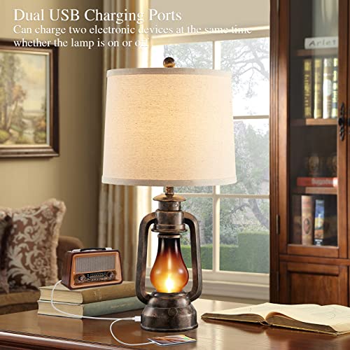 Farmhouse Lantern Table Lamps for Living Room Set of 2 with USB C+A | Vintage Bedroom Resin Lamp, Rustic Retro Bedside Nightstand Desk Lamp, 4 Bulb Included - color: 25'' Bronze Lantern Lamps