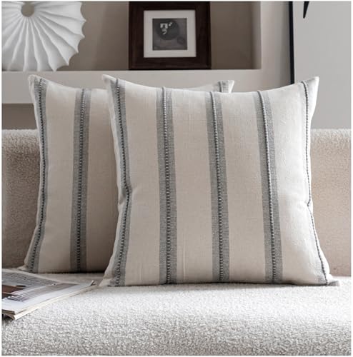 Cethom Boho Throw Pillow Covers 18x18 Set of 2, Grey Striped Decorative Pillow Cases for Couch Chair Bed, Textured Farmhouse Modern Accent Cushion Covers for Living Room Bedroom Sofa Home Decor - color: Grey, size: 18" x 18" (Pack of 2)