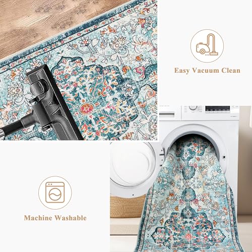 Pauwer Boho Hallway Runner Rug 2x6 Washable Entryway Area Rugs Non Slip Farmhouse Vintage Floor Mat Carpet Runner for Hallways Laundry Room Kitchen Bathroom Bedroom - color: Teal, size: 2' x 6' (Runner)