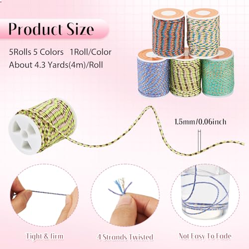 21 Yards 1.5mm 4-Ply Polycotton Cord Handmade Macrame Cotton Cord 5 Colors Golden Thread Twisted Braid String for DIY Bracelet Necklaces Crafts Wall Hangings Home Decor - color: Yellow, size: 1.5mm