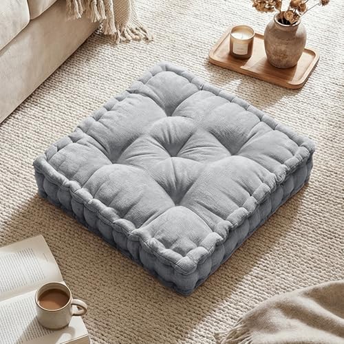 Intelligent Design Floor Pillow - Shredded Foam Filled Meditation & Yoga Cushion, Chenille Tufted, Handsewn Scalloped Edge, OEKO-TEX Certified, Azza, 20" x 20" x 5" Grey - color: Grey
