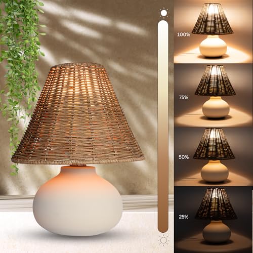 11" Small Table Lamp – Handmade Ceramic Cream Base with Wicker Rattan Shade, Dimmable Plug-in Nightstand Light for Bedroom, Kitchen Counter, or Small Spaces – Boho Japandi Organic Decor - color: Natural Woven Rattan Shade