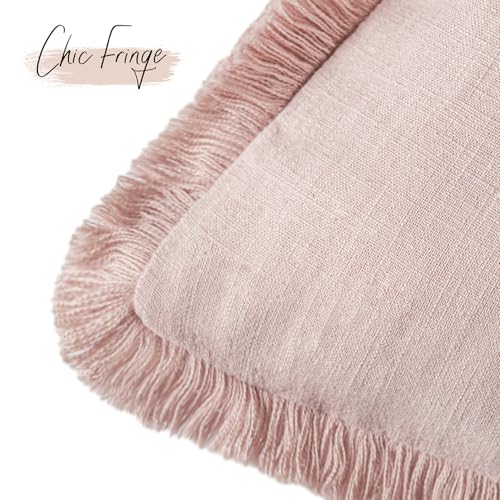 Foindtower Decorative Linen Fringe Throw Pillow Covers Cozy Boho Farmhouse Cushion Cover with Tassels Soft Accent Pillowcase for Chair Sofa Bed Living Room Home Decor, 16×16 Inch, 1PC,Light Pink - color: Light Pink, size: 16" x 16" (Pack of 1)