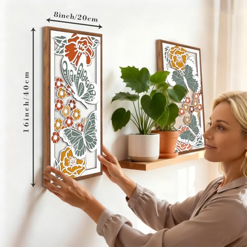 BINCUE Boho Floral Wall Art,Butterfly Wall Decor,Flower Wall Art Butterfly,Spring Artwork Wildflower,Modern Mid Century Hanging Decor Bohemian Botanical for Living Room Bedroom Bathroom 8x16 Inches - color: Colourful Flowers Butterfly
