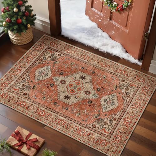 Boho Small Area Rug, 2x3 Washable Rug for Entryway, Vintage Throw Rug Oriental Non Slip Indoor Front Door, Distressed Terracotta Door Mat Carpet, Soft Low Pile Rugs for Entrance Kitchen Bedroom - color: Terracotta/Tan, size: 2' X 3' (Rectangular)