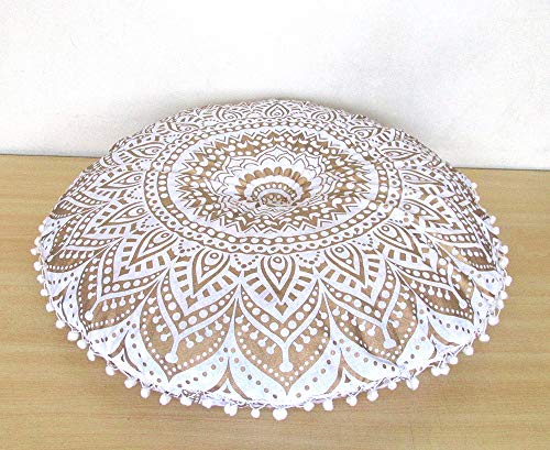 32" Gold Mandala Barmeri Large Floor Pillow Cover Cushion Meditation Seating Ottoman Throw Cover Hippie Decorative Zipped Bohemian Pouf Ottoman Poufs, Pom Pom Pillow Cases (White Gold, 32" Round) - color: White Gold, size: 32" Round