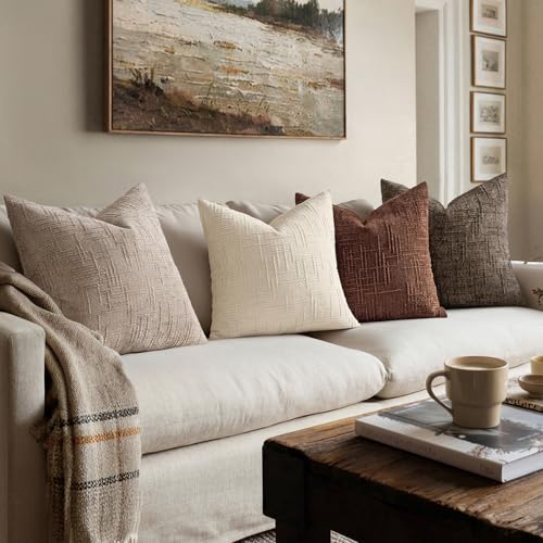 MIULEE Textured Throw Pillow Covers Thick Chenille Decorative Pillows Brown 20x20 Inch Set of 2 Modern Boho Farmhouse Home Decor Neutral Cushion Covers for Couch Sofa Living Room Bedroom - color: Brown, size: 20" x 20" (Pack of 2)