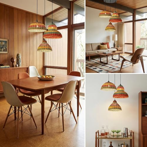 Farmhouse Rattan Pendant Light 3-Lights Woven Chandelier Boho Hanging Light Fixture Multicolor Basket Wicker Shade Rattan Chandelier for Kitchen Dining Room Living Room, DIY, Adjustable Height - color: Rattan -3-Light, Multicolor