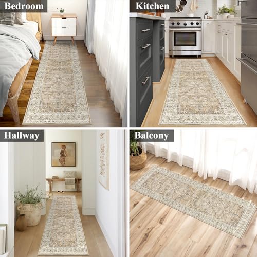 U'Artlines 2' x 6' Boho Hallway Runner Rug Vintage Farmhouse Non Slip Soft Washable Accent Runner Carpet for Kitchen, Entryway, Laundry, Living Room(Cream Tan) - color: Cream Tan, size: 2' x 6' (Runner)