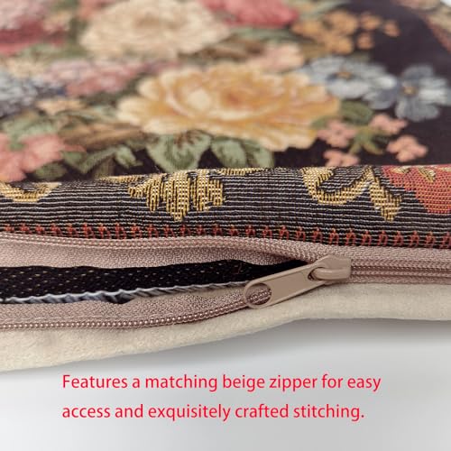 Jacquard Woven Floral Throw Pillow Cover | Vintage Tapestry Decorative Cushion for Sofa Couch Bed Decor | European Classic Home Accent Pillow Sham 16x16 Inch (Multicolored Flowers on Black) - color: Multicolored Flowers on Black