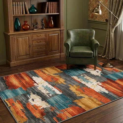 5x7 Area Rug for Living Room,Modern Abstract Burnt Orange Rug,Terracotta and Teal Brushstroke,Washable Rug,Non Slip, Bedroom, Dining Room, Home Office - color: Burn Orange, size: 5' x 7' (Rectangular)