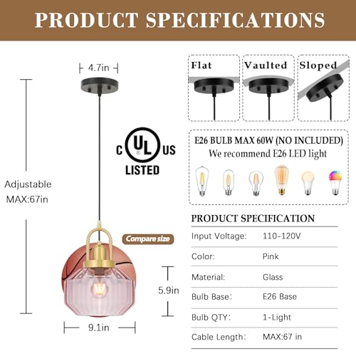 9in Mid Century Modern Pendant Light, Gold and Small Pink Glass | Vintage Lighting Fixture Ceiling Hanging Lamp for Kitchen Island Foyer Dining Room Bedroom Entryway Hallway Over Sink Table - color: Pink & Gold Hardwire, size: 9in