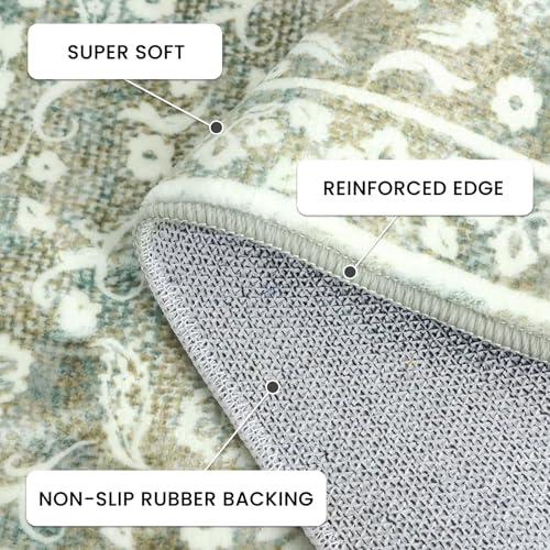 Vintage Entryway Rug Indoor, Sage Green Beige Washable Rug 2x3, Small Area Rug with Non-Slip Backing, Floral Print Thin Faux Wool Super Soft Door Mat for Kitchen, Entrance, Bedroom, Office - color: Muted Sage Green With Beige Accents, size: 2' x 3' (Recta