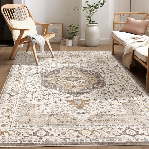 Area Rug for Living Room - 6x9 Soft Washable Oriental Vintage Floral Distressed Large Carpet - Fade Stain Resistant Non Slip Rugs for Bedroom Dining Room Nursery Dorm Office Home Decor-Camel/Beige - color: Camel/Beige, size: 6' x 9' (Rectangular)
