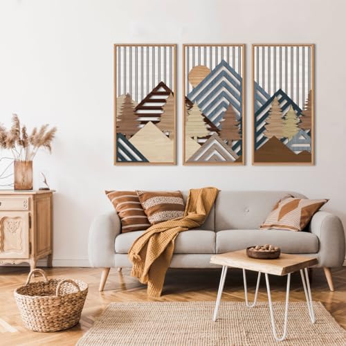 IARTTOP Large Mountain Wood Wall Art 16"x32"x3 Abstract Forest Wall Sculpture Geometric Boho Sunset Wilderness Artwork for Bedroom Living Room Office - color: Brown Framed Mountain, size: 16 x 32 inches