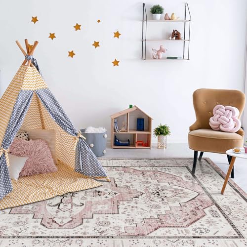 DECOMALL Maila Machine Washable Rugs 5x8ft, Traditional Oriental Pink Rug,Vintage Distressed Large Rugs Carpet for Living Room Bedroom - color: 10pink, size: 5' x 8' (Rectangular)