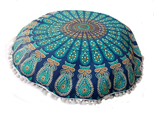 Rastogi Handicrafts 32" COR Mandala Floor Pillow Cushion Seating Throw Cover Bohemian Ottoman Poufs, Pom Pom Pillow Cases,Boho Indian (Blue) - color: Blue