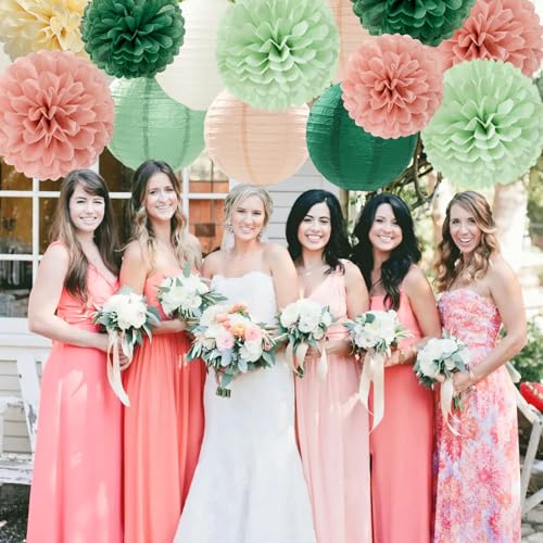 Sage-Green Pink Party-Decorations Paper-Flowers Lanterns - 15PCS Birthday Boho Rustic Tissue Pom Poms Streamers,Baby Shower Neutral Wedding Graduation Bridal Safari Hanging Supplies Decor Hugfond - color: Sage Green Pink