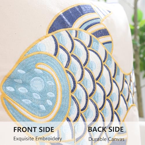 LUOYEHK Embroidered Pillow Covers 18x18 Set of 2 Summer Coastal Blue Fish Decorative Pillow Cases Ocean Themed Canvas Cushion Covers for Couch Sofa Bed Living Room - color: Blue Fish