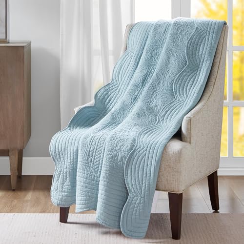 Madison Park Luxe Quilted Throw Blanket - Damask Stitching Design, Cotton Filled Spread, Ultra Soft, Cozy Bedding for Living Room Couch, Sofa, Bed, 60x72, Scalloped-Border Blue - color: Scalloped Edges Blue, size: 60"x72"