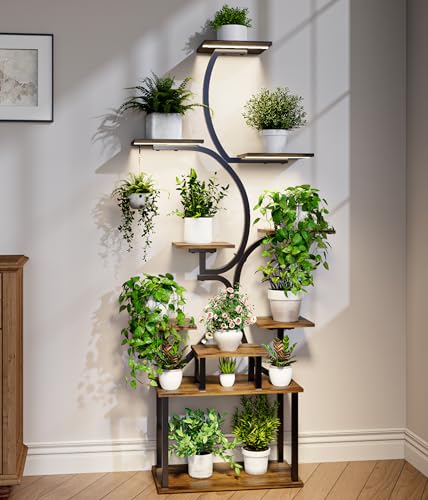 Plant Stand Indoor with Grow Lights - 9-Tier Curved Plant Stand, Tall Metal and Wood Indoor Plant Shelf with Unique Arched Design, Multi-Tier Flower Pot Holder Rack with Waterproof Finish, 63" Tall for Living Room, Balcony, and Garden - size: 3C