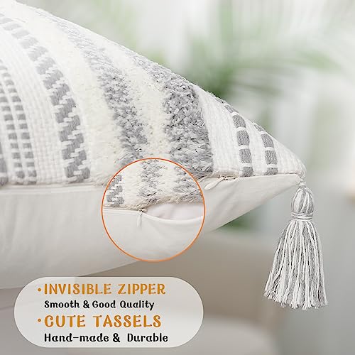 decorUhome Summer Decorative Boho Throw Pillow Covers 20x20 Set of 2, Accent Neutral Textured Tufted Pillow Covers Striped for Couch Bed Sofa Living Room, Grey and Cream White - color: Grey and Cream White, size: 20" x 20" (Pack of 2)