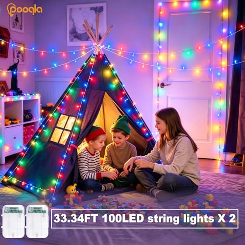 Pooqla 2 Pack Color Changing String Lights Battery Operated, Total 66.6ft 200 LED 34 Colors Battery Christmas Lights with Remote Indoor Outdoor Decorations Bedroom Classroom Porch Party Yard Decor - color: RGB (Red, Green, Blue), size: 100 LED x2