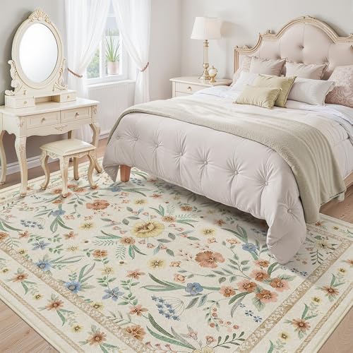 Beige Floral Area Rug 5x7,Neutral Washable Girls Bedroom Rug for Nursery, Playroom or Kids Room,Soft Non-Slip Carpet for Baby Room and Modern Home Decor - color: Beige, size: 5' x 7' (Rectangular)
