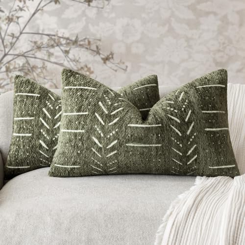 Home Décor Decorative Boho Chenille Throw Pillow Covers, Neutral Lumbar Cushion Covers,Textured Soft Farmhouse Pillowcase for Couch Sofa Chair Bed Living Room,12×20 Inch,Set of 2, Olive Green - color: Olive Green, size: 20" x 12" (Pack of 2)