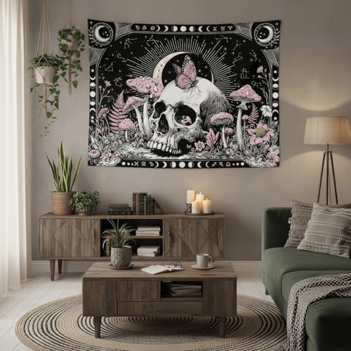 Accnicc Gothic Skull Tapestry Goth Skeleton Butterfly Mushroom Tapestries Wall Hanging Witchy Plant Floral Celestial Constellation Small Tapestry for Bedroom Living Room Dorm 48 x 36 inch - color: Pink White, size: 48"L x 36"W