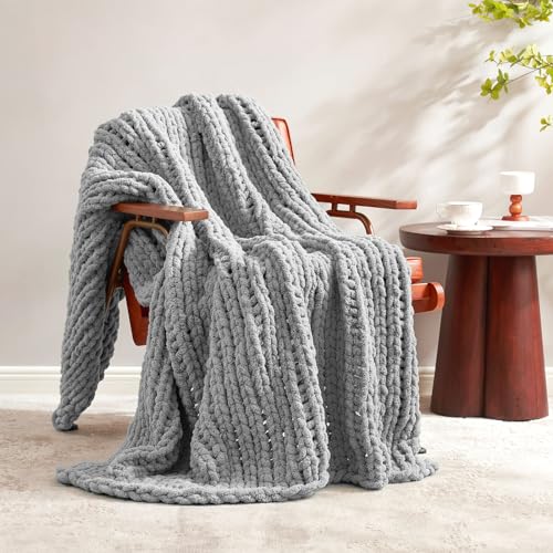 Amélie Home Chunky Knit Throw Blanket for Couch, Soft Chenille Handmade Crochet Throw Rope Knot Blanket for Couch, 50"x60", Light Grey - color: Light Grey, size: 50"x60"